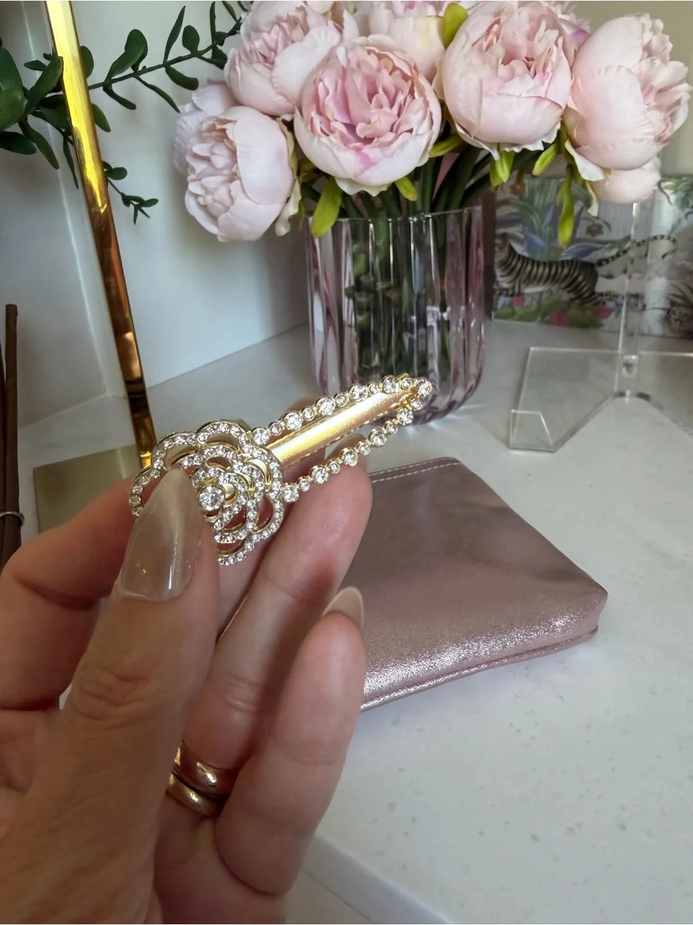 Metallic pink Wristlet Pouch - Elegant Clutch Bag w camellia clip